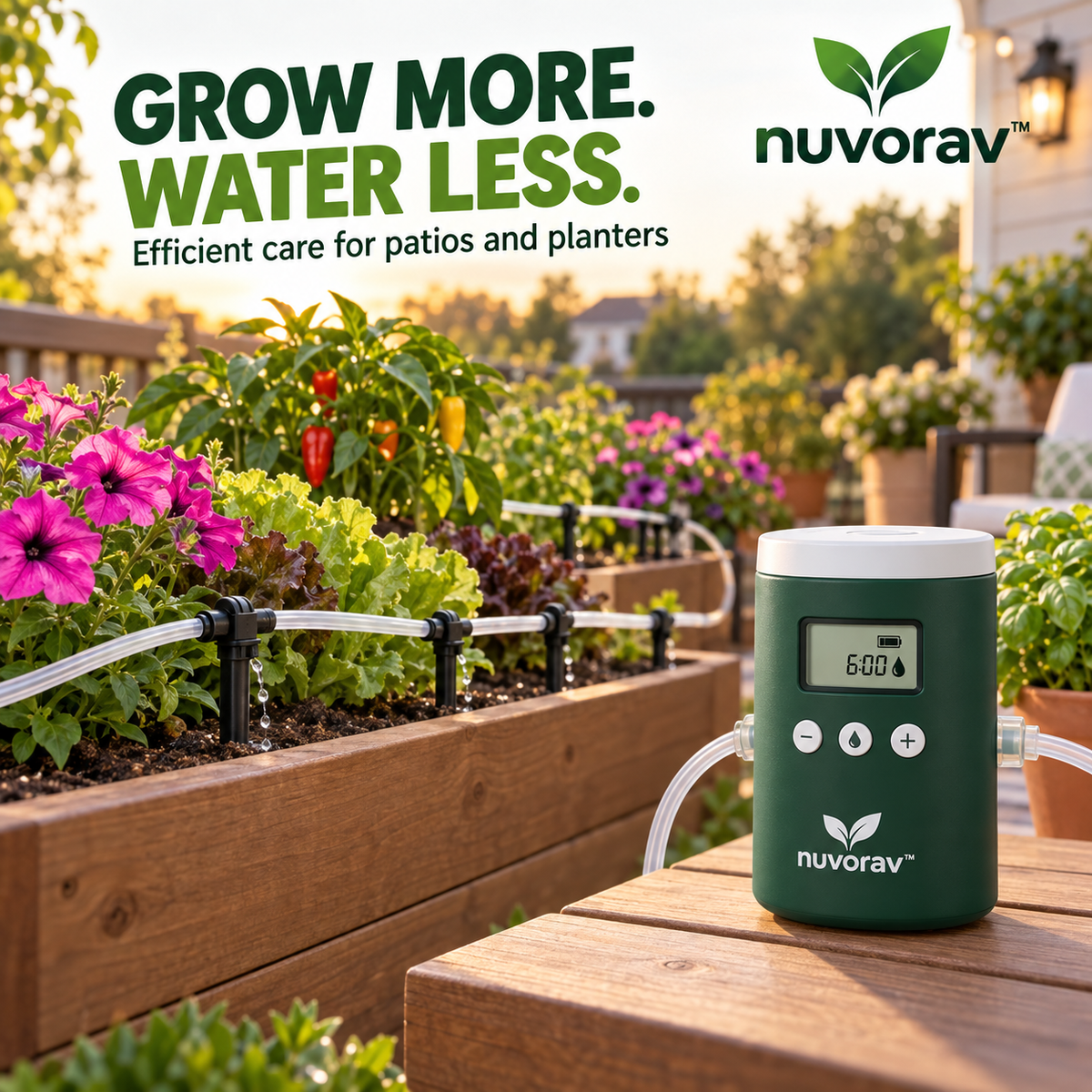 Nuvorav™ Automatic Plant Watering System with Smart Timer Control and Adjustable Drip Irrigation Kit