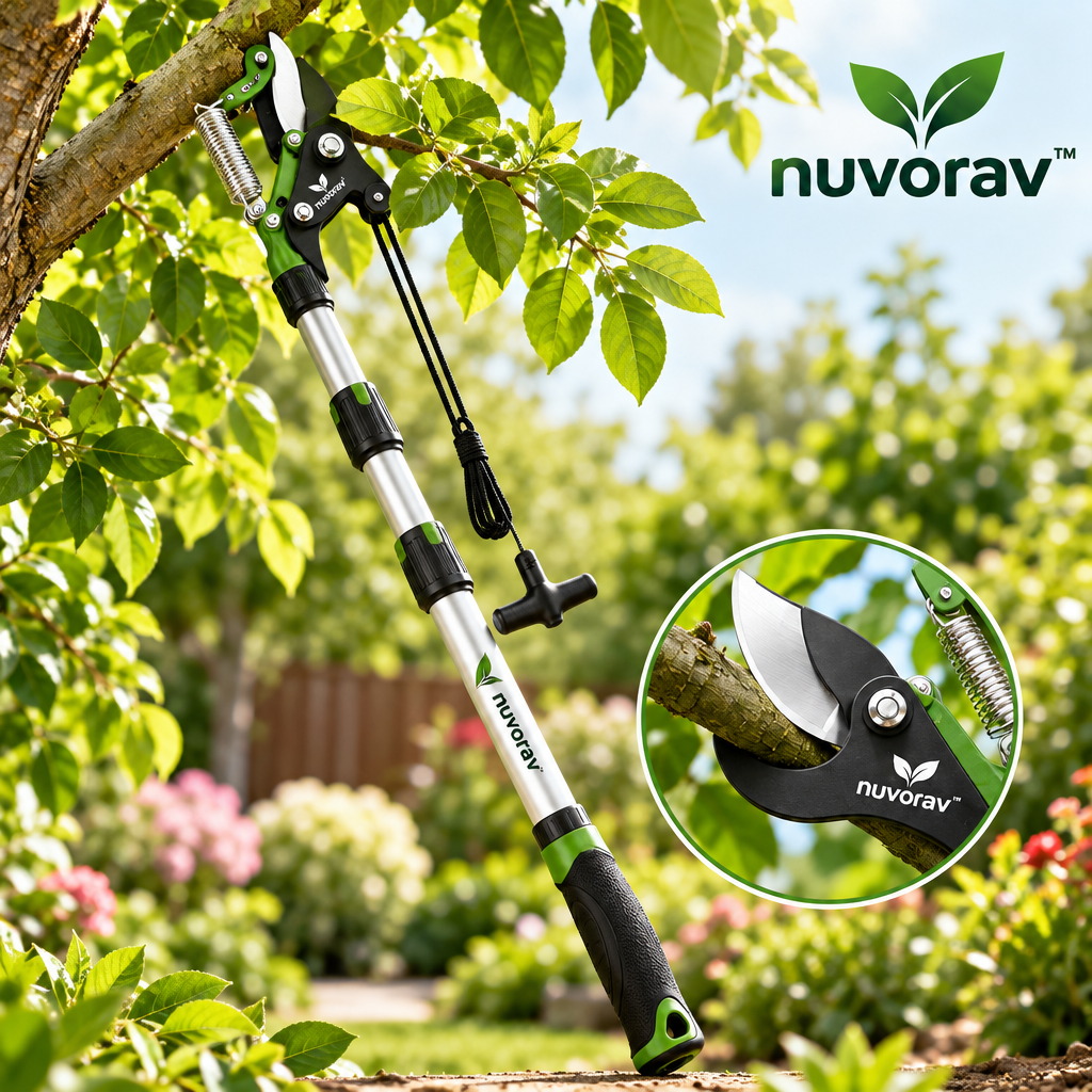 Nuvorav™ Long Reach Tree Pruner with Telescopic Pole and Sharp Bypass Cutting Blade