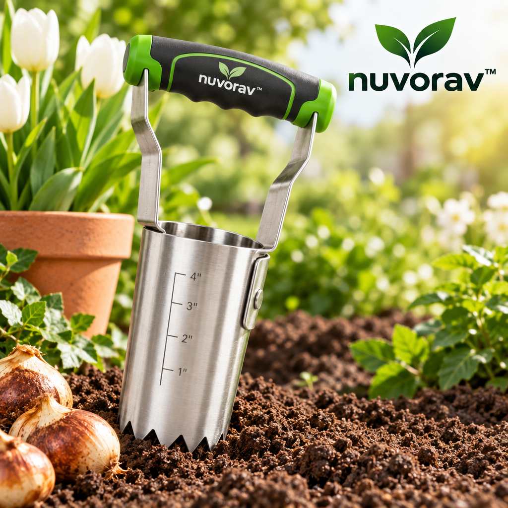 Nuvorav™ Bulb Planter Tool with Stainless Steel Planting Cup & Depth Markings for Fast Flower Bulb Planting, Garden & Lawn Care