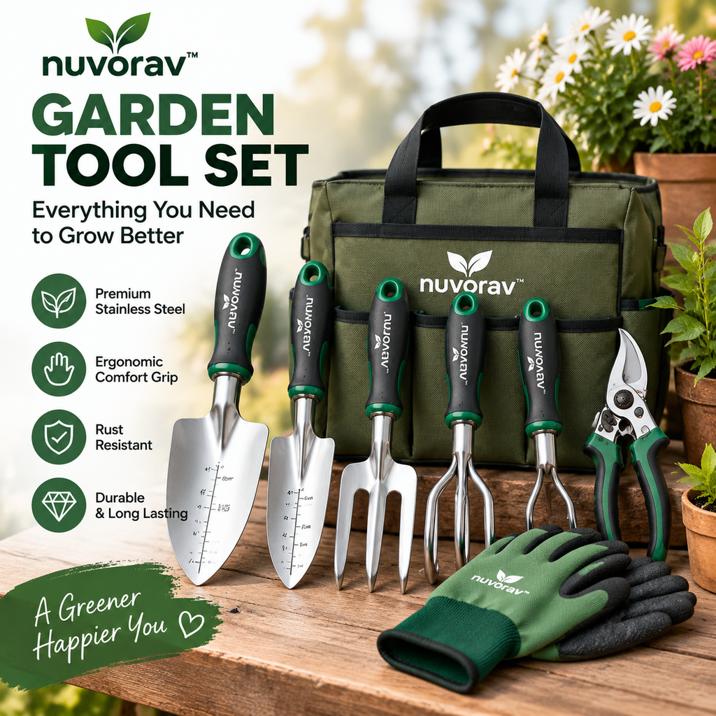 Nuvorav™ Garden Tool Set with Storage Bag, Garden Gloves & Pruning Shears, Stainless Steel Gardening Hand Tools for Digging, Planting, Soil Loosening and Pruning